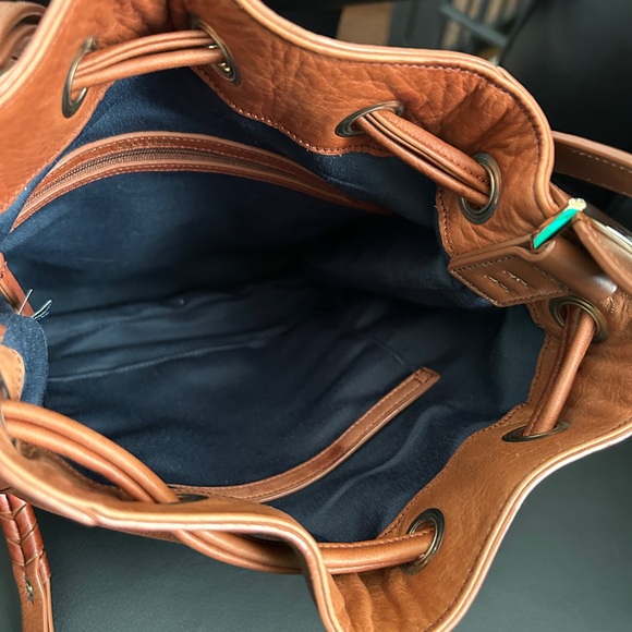 Cole Haan Cognac Pebbled Leather Bucket Bag Drawstring Shoulder Crossbody - Picture 7 of 11